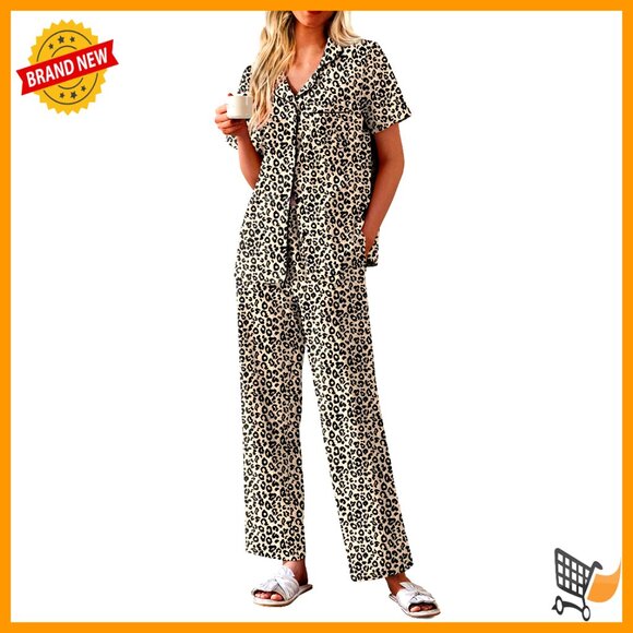 Soft Cotton Pajama Set Short Sleeve Button Down Lounge Sleepwear 2 Piece
